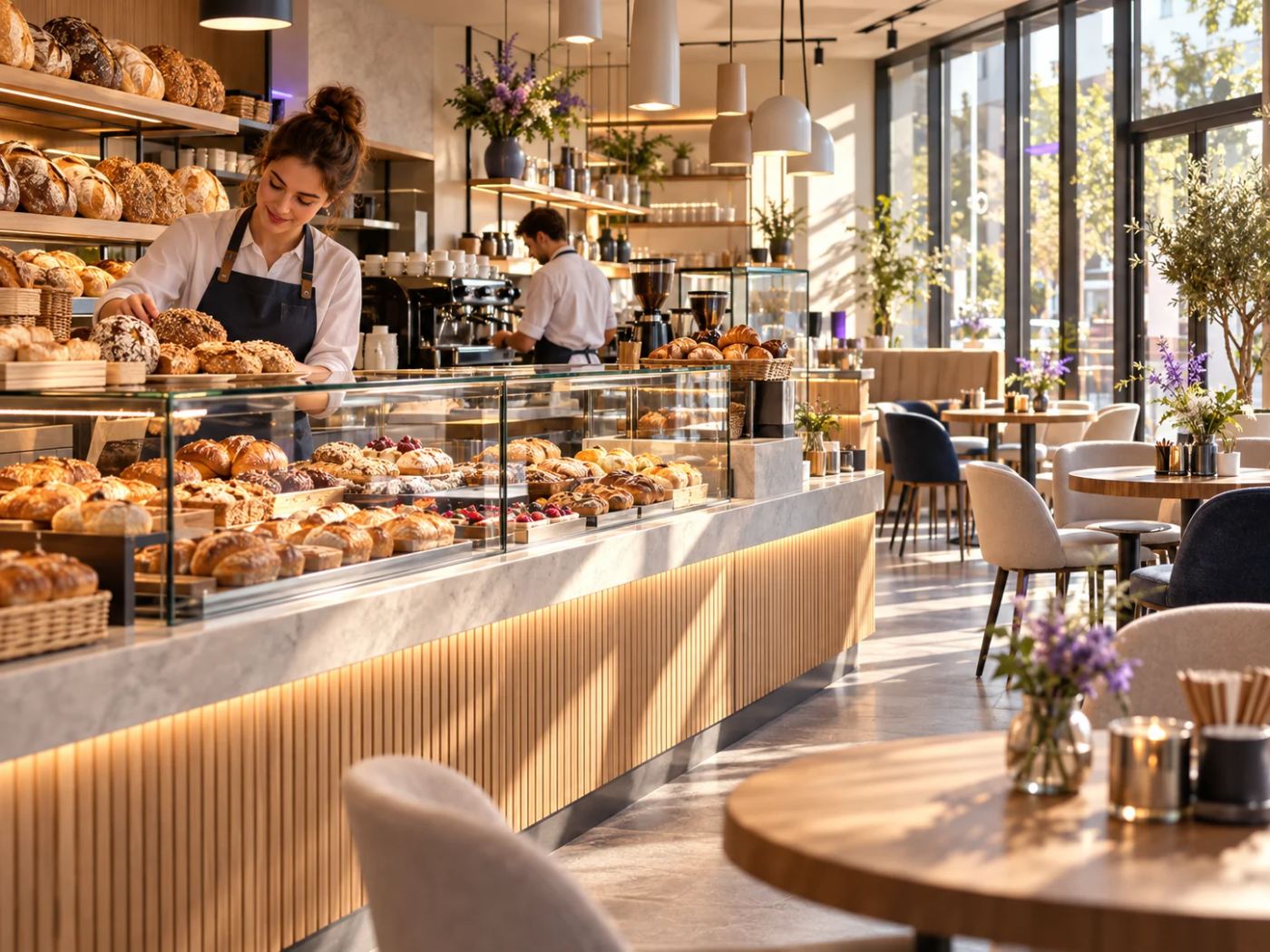 B&auml;ckerei am Morgen: Mitarbeitende best&uuml;cken Theke und Kaffeebar, der Caf&eacute;bereich ist noch leer