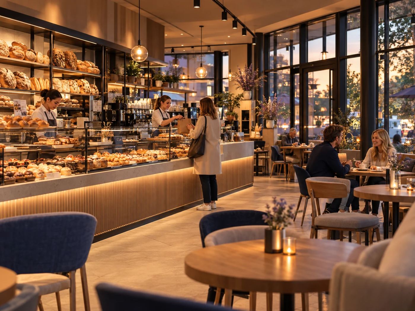 B&auml;ckerei am fr&uuml;hen Abend: warmes Licht, wenige G&auml;ste im Caf&eacute;bereich