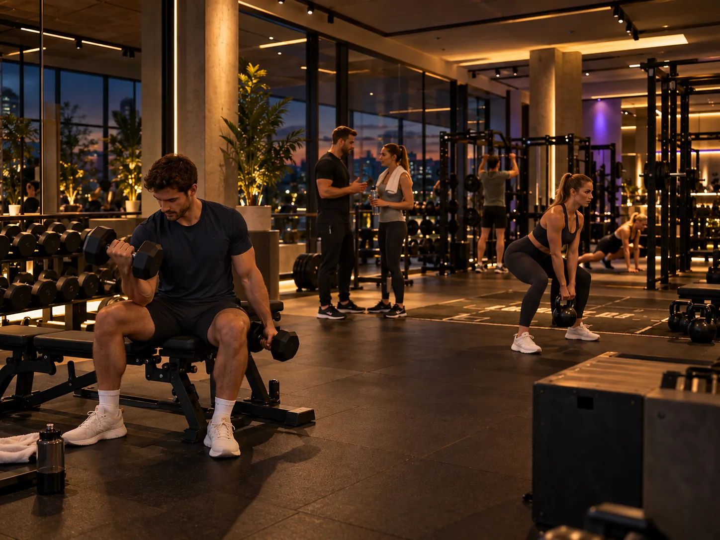 Fitnessstudio am Abend: Mitglieder trainieren mit Kurzhanteln und Kettlebells bei warmem Licht, im Hintergrund die Stadt in der Abendd&auml;mmerung