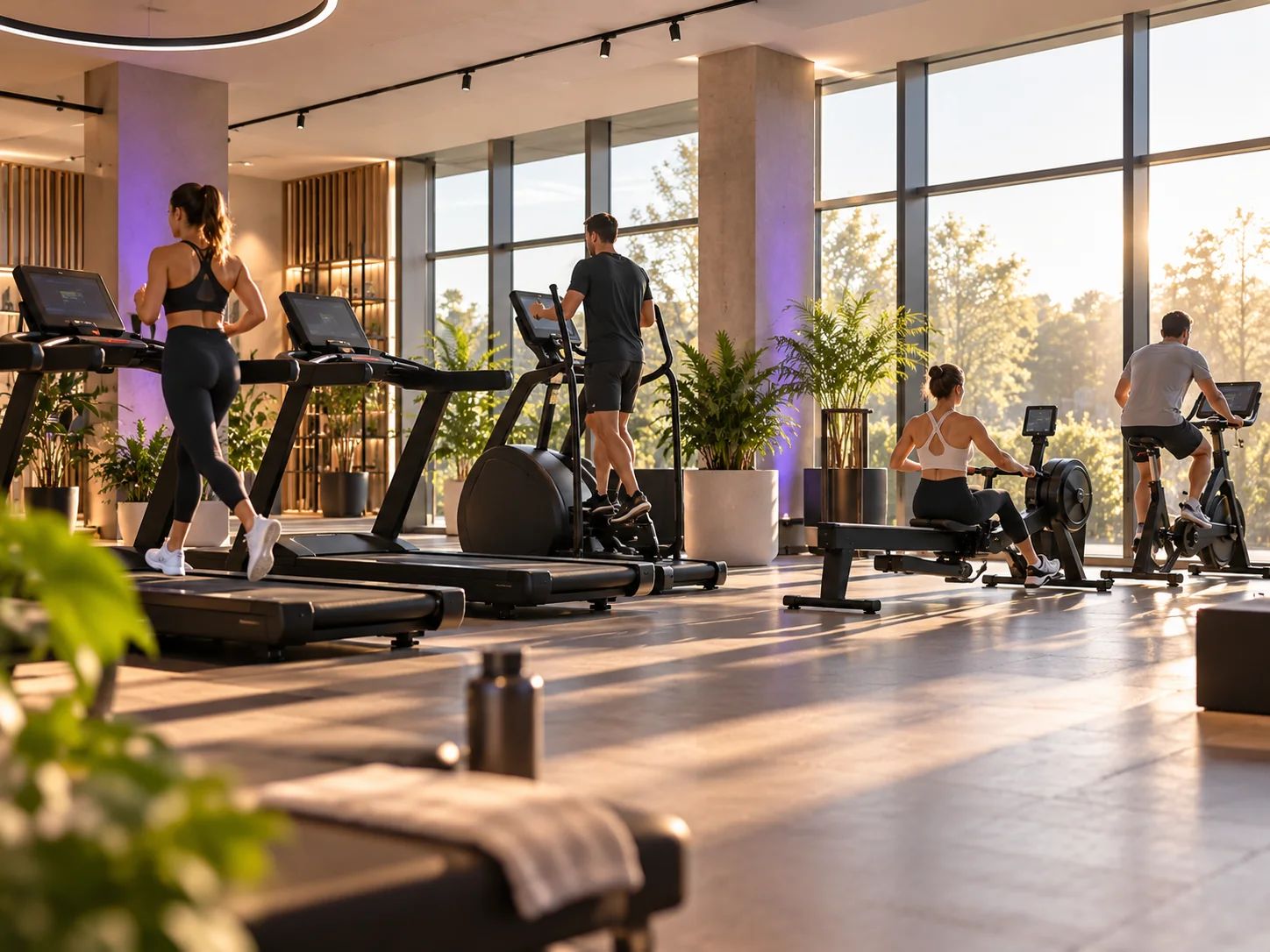 Fitnessstudio am Morgen: Mitglieder auf Laufb&auml;ndern, Crosstrainer, Ruderger&auml;t und Bike vor gro&szlig;en Fenstern im Morgenlicht