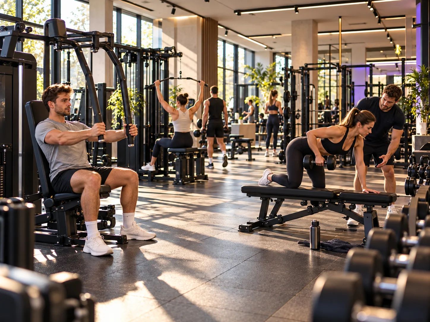 Fitnessstudio tags&uuml;ber: Mitglieder trainieren an Kraftger&auml;ten, ein Trainer korrigiert eine &Uuml;bung