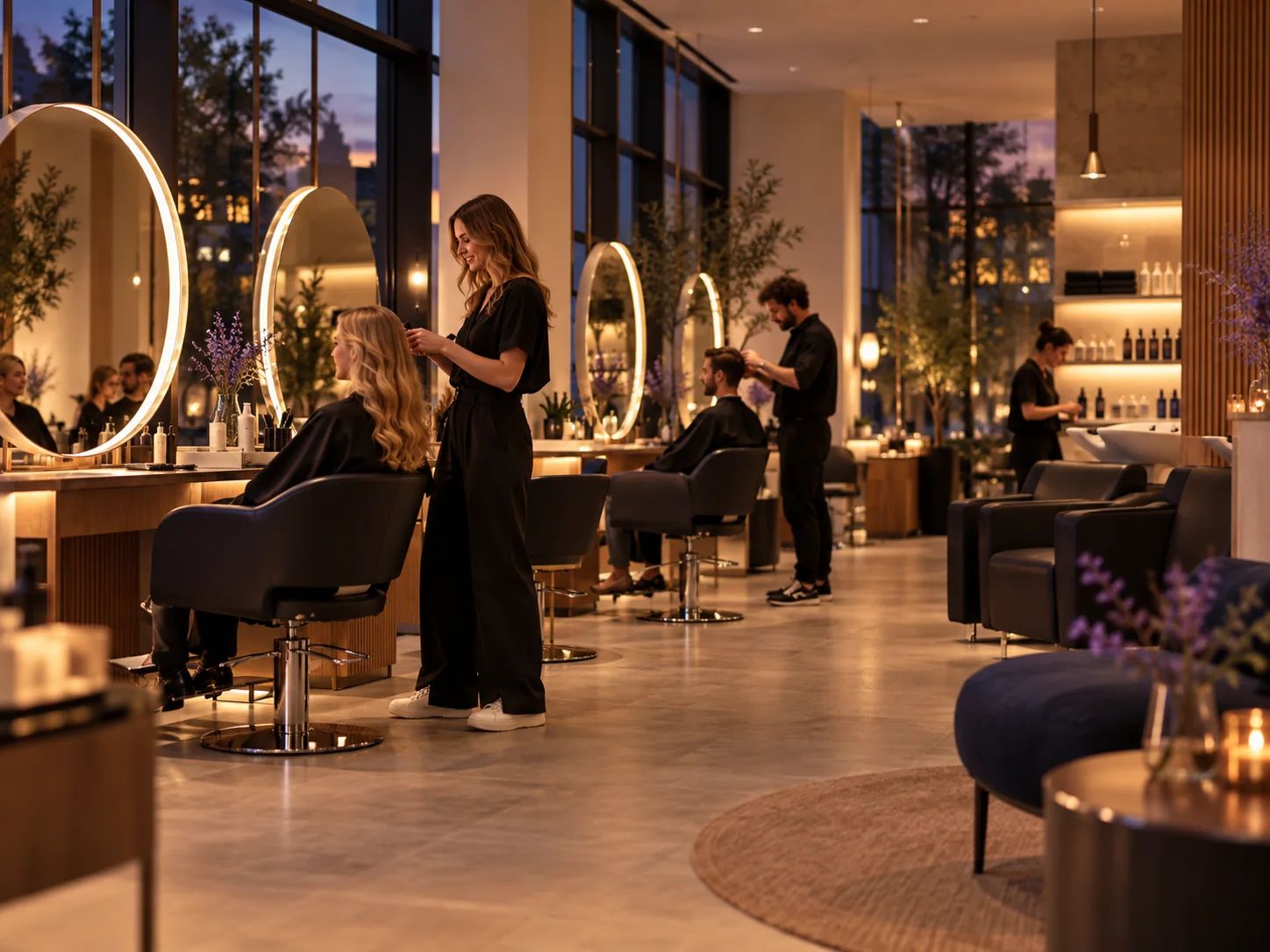 Friseursalon am Abend: Stylisten mit Kundinnen und Kunden an beleuchteten Spiegeln, draußen die Dämmerung