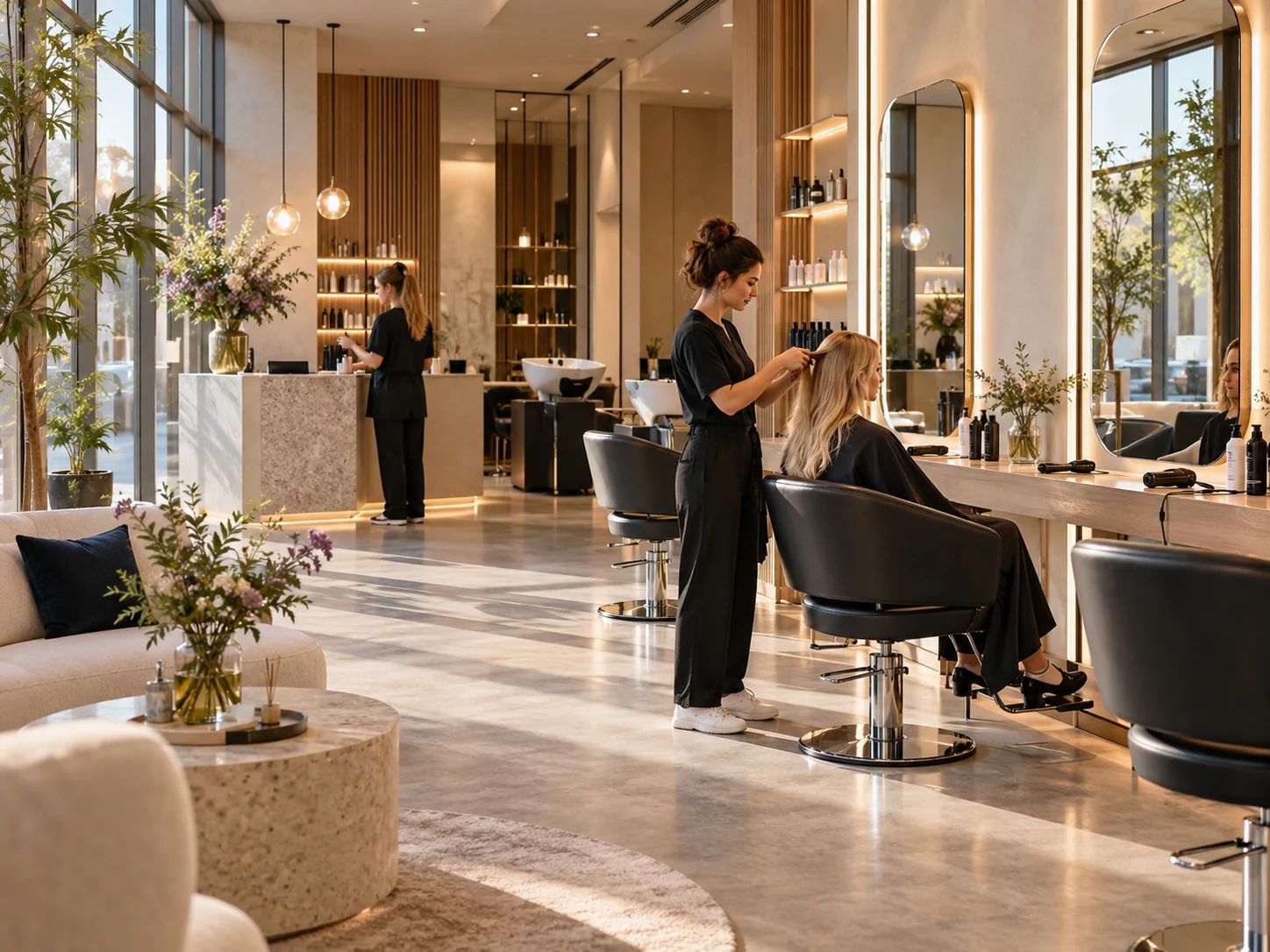 Friseursalon am Morgen: Stylistin frisiert eine Kundin am Stylingplatz, helles Tageslicht durch große Fenster