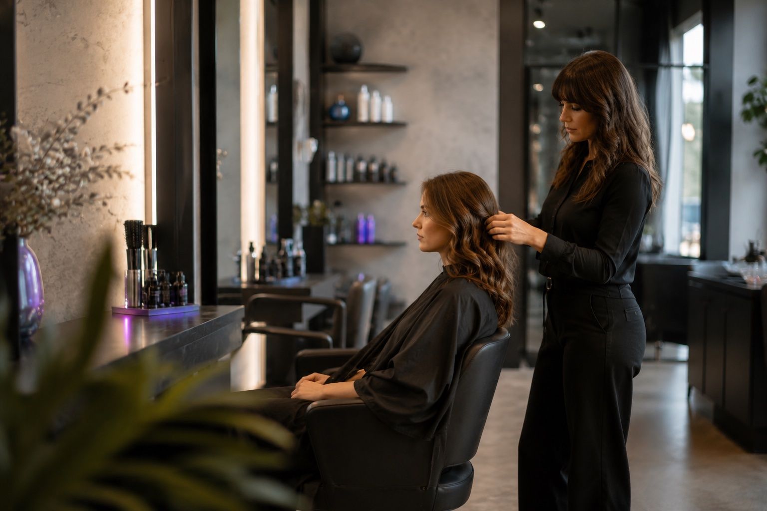Moderner Friseursalon: Stylistin ber&auml;t eine Kundin am Stylingplatz