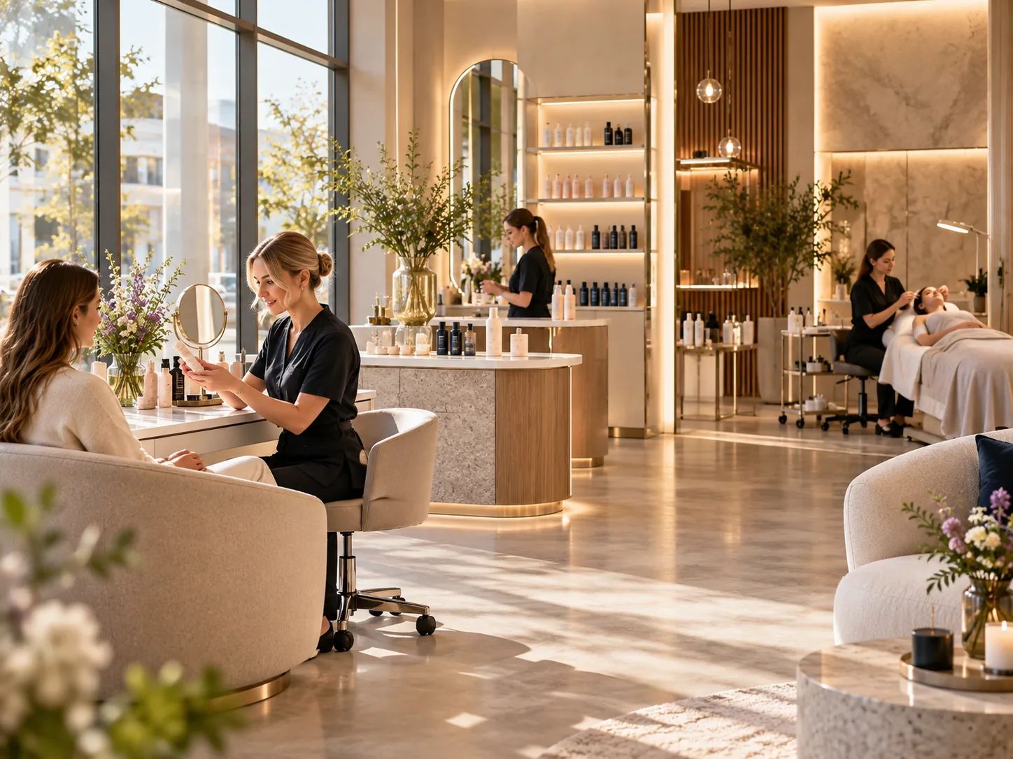 Beauty-Salon tagsüber: Kosmetikerin berät eine Kundin, im Hintergrund Behandlung und Produktregale