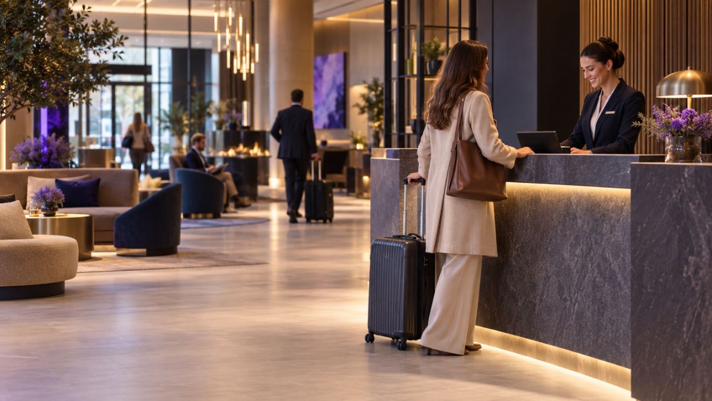 Hotellobby mit Rezeption und Lounge-Bereich