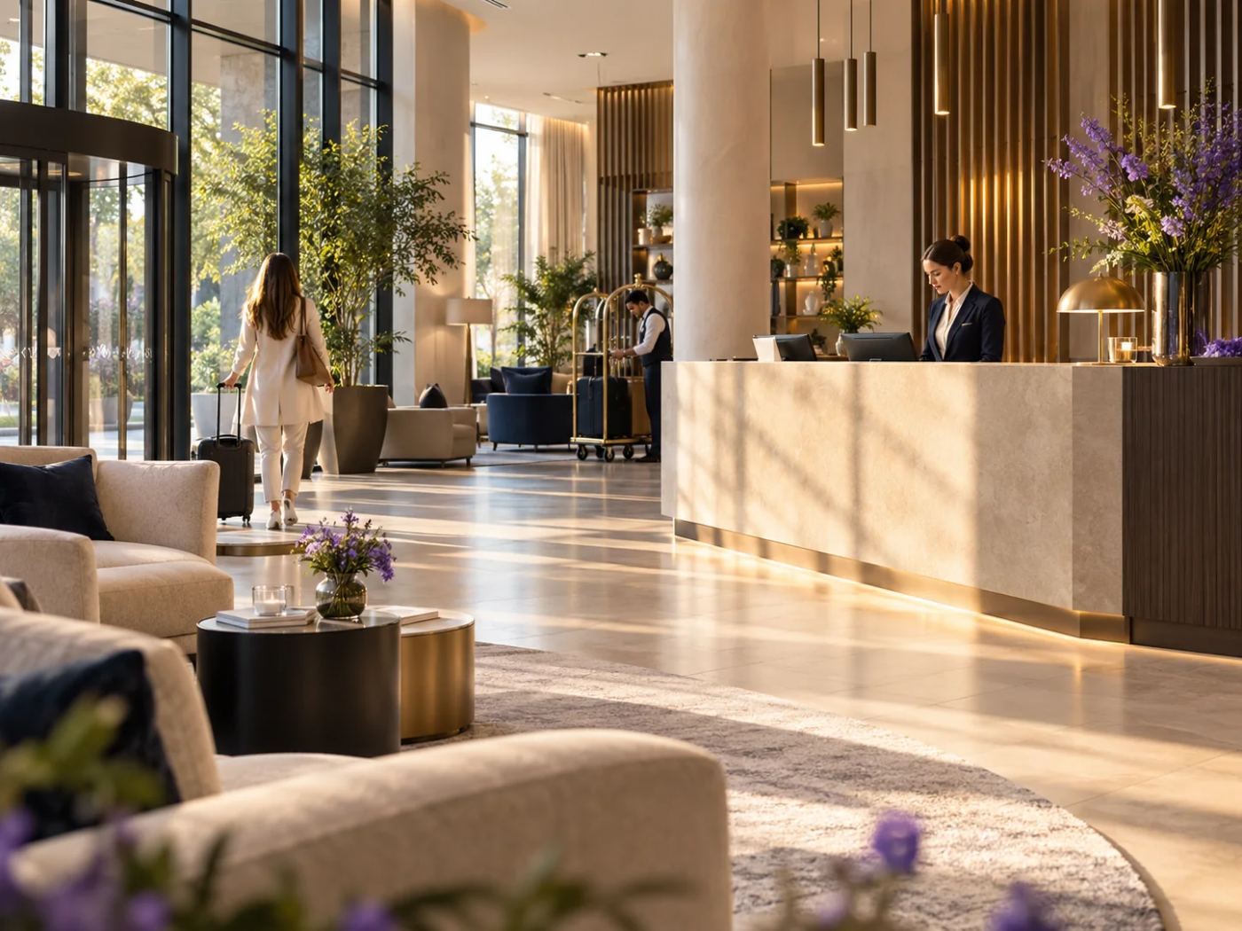 Hotellobby am Morgen: Rezeptionistin am Empfang, ein Gast verlässt mit Koffer das Hotel