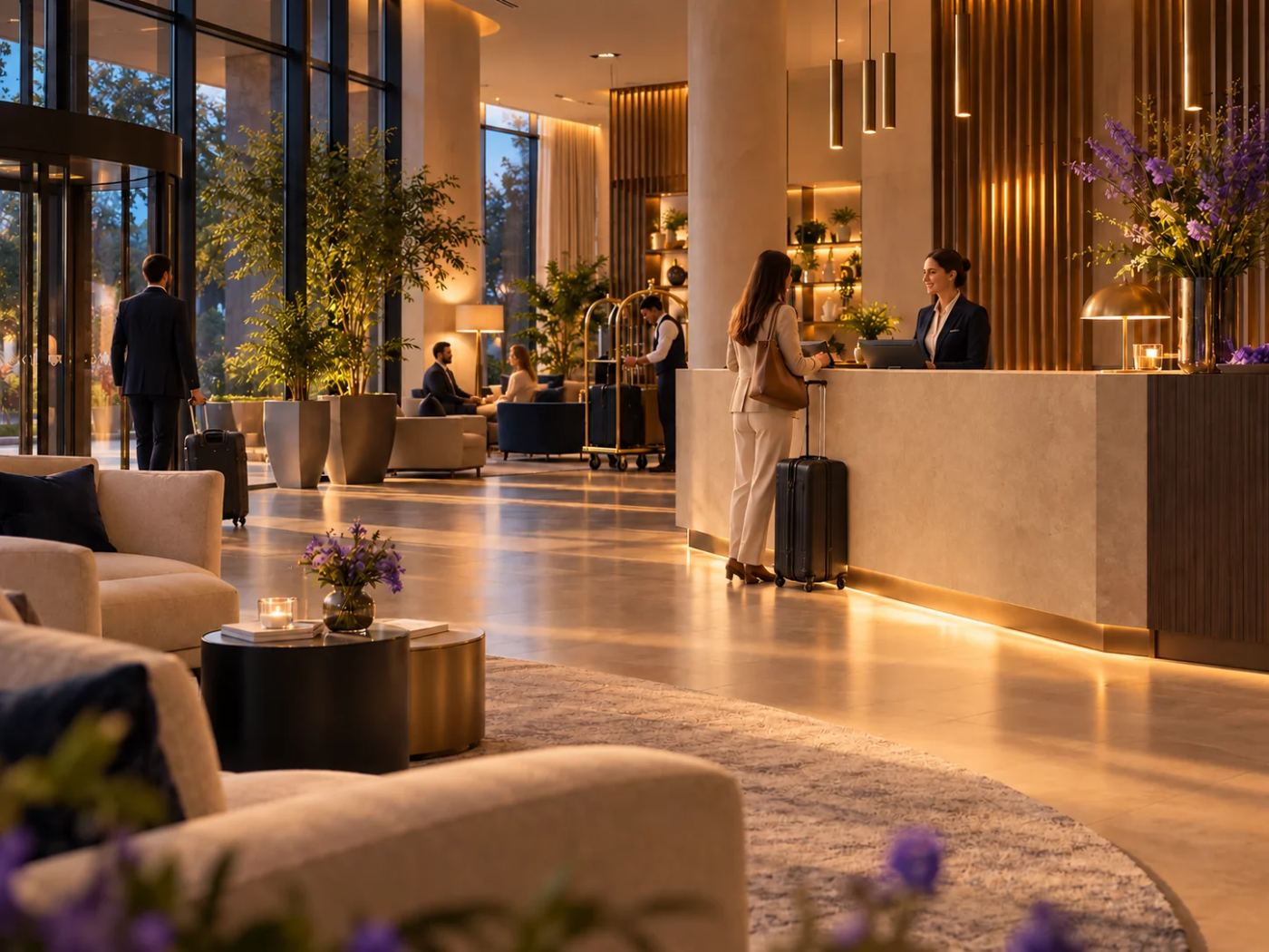 Hotellobby am Abend: warmes Licht, ein Gast an der Rezeption, Gäste in der Lounge