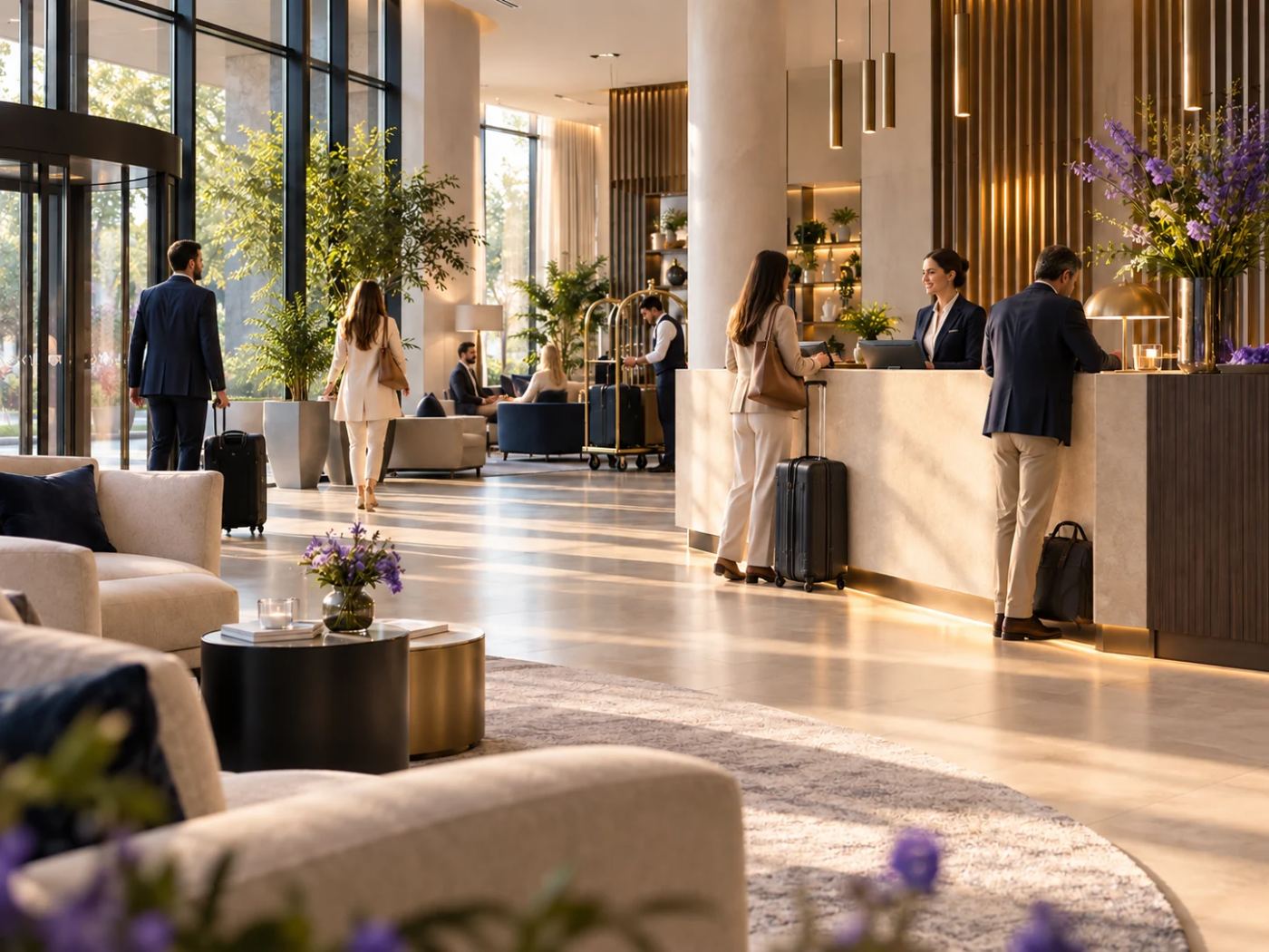 Hotellobby tagsüber: Gäste beim Check-in an der Rezeption, weitere Gäste in der Lounge