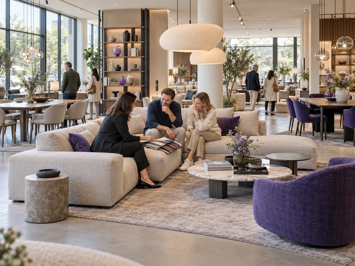 Möbel-Showroom tagsüber: Beraterin zeigt einem Paar auf dem Sofa Stoffmuster, weitere Kunden im Hintergrund