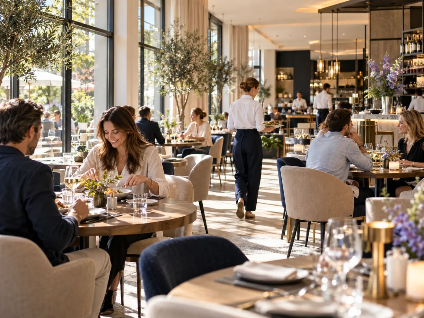 Restaurant zur Mittagszeit: G&auml;ste beim Lunch, Servicekraft tr&auml;gt Teller durch den hellen Gastraum