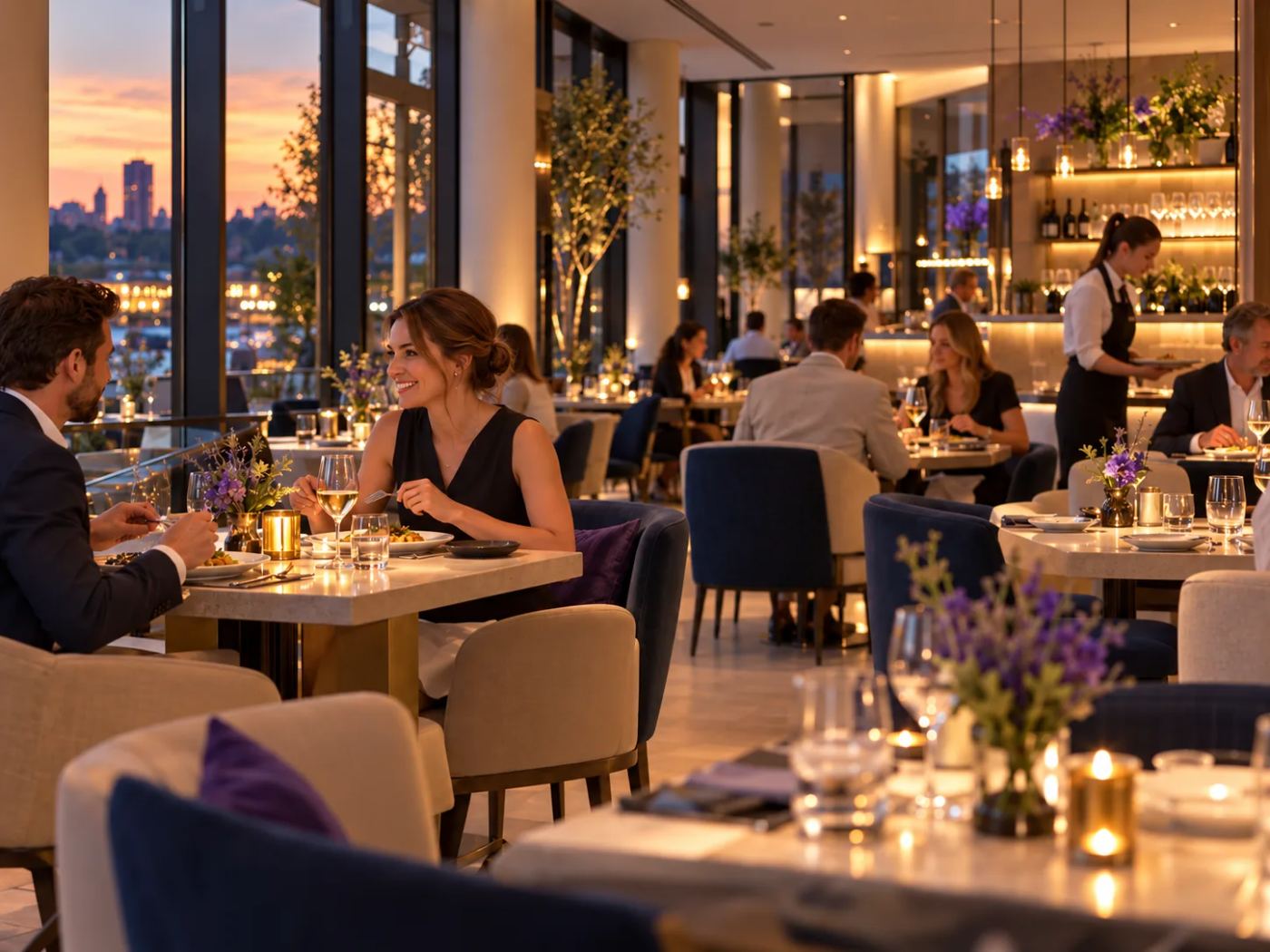 Restaurant am Abend: G&auml;ste beim Dinner bei Kerzenlicht, im Hintergrund die Skyline im Abendrot
