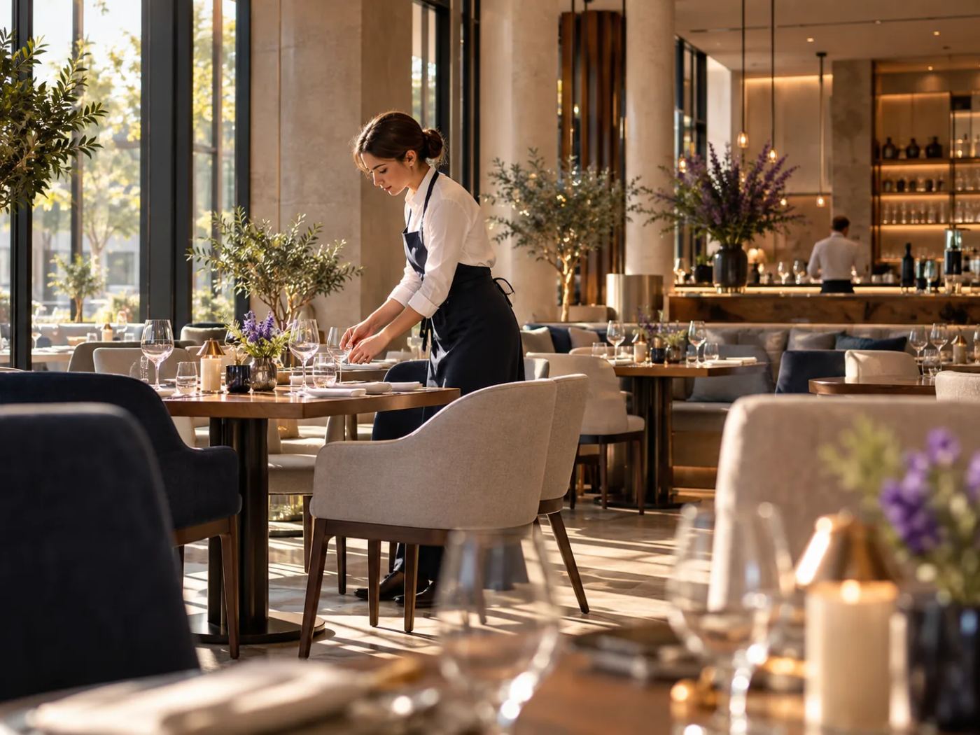 Restaurant am Morgen: Mitarbeiterin deckt im sonnigen Gastraum die Tische ein