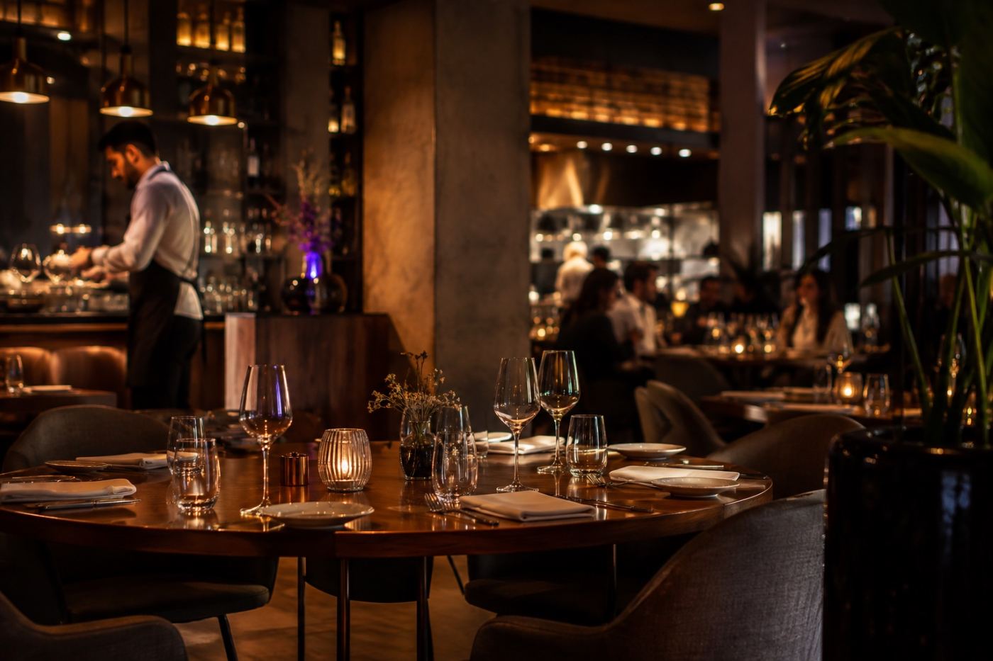 Restaurant mit gedeckten Tischen und G&auml;sten