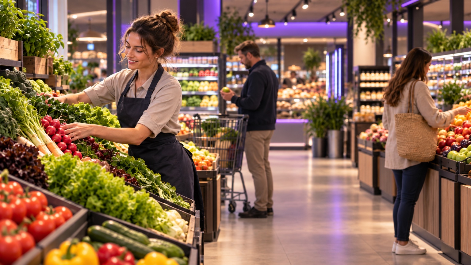 Moderner Supermarkt mit Obst- und Gemüseauslage und einkaufenden Kunden