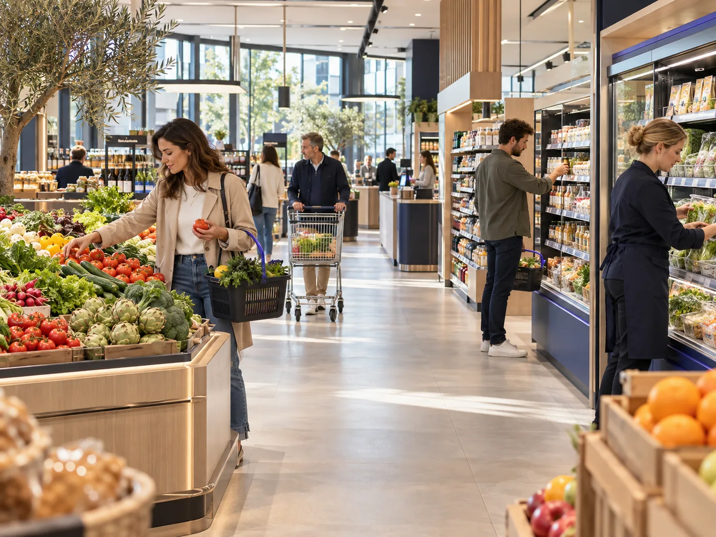 Supermarkt tagsüber: Kundinnen und Kunden kaufen ein, Mitarbeiterin räumt das Kühlregal ein