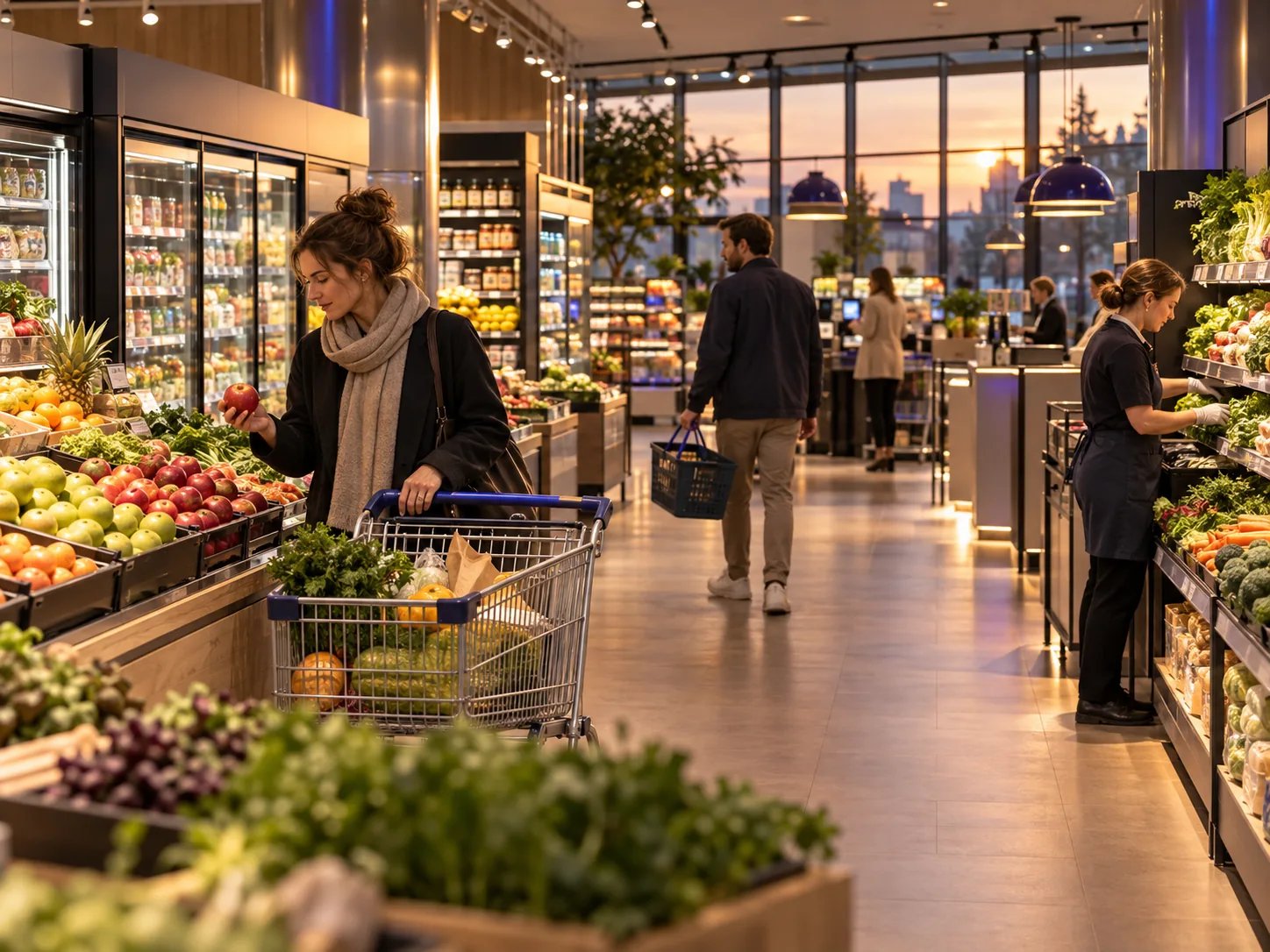 Supermarkt am Abend mit warmem Licht: letzte Einkäufe in der Obst- und Gemüseabteilung