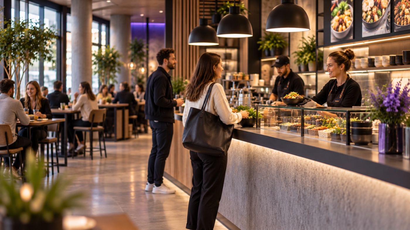 Modern restaurant service with ordering counter and seating area