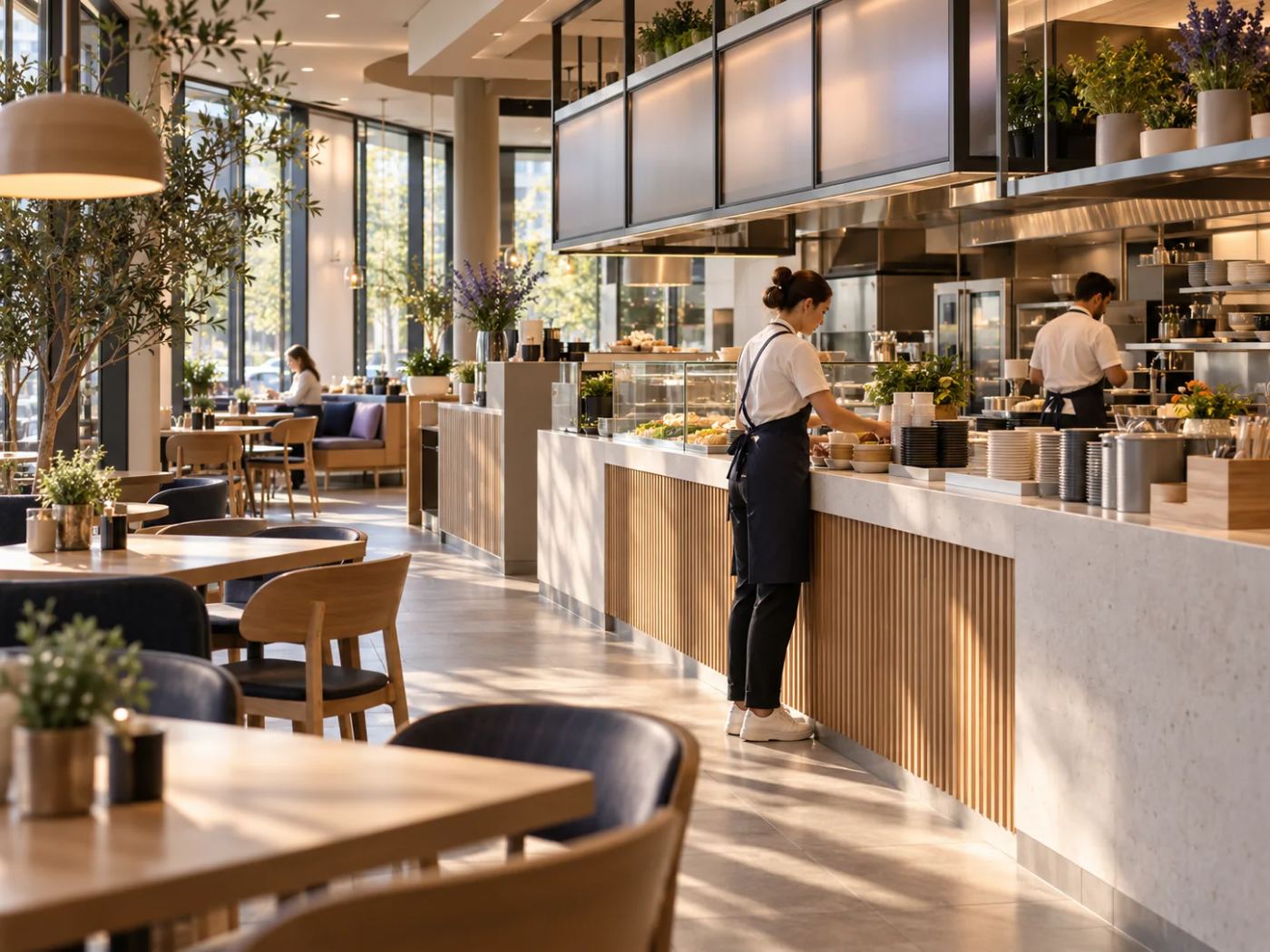 System catering in the morning: Staff prepare the counter and take out orders; the seating area is still almost empty
