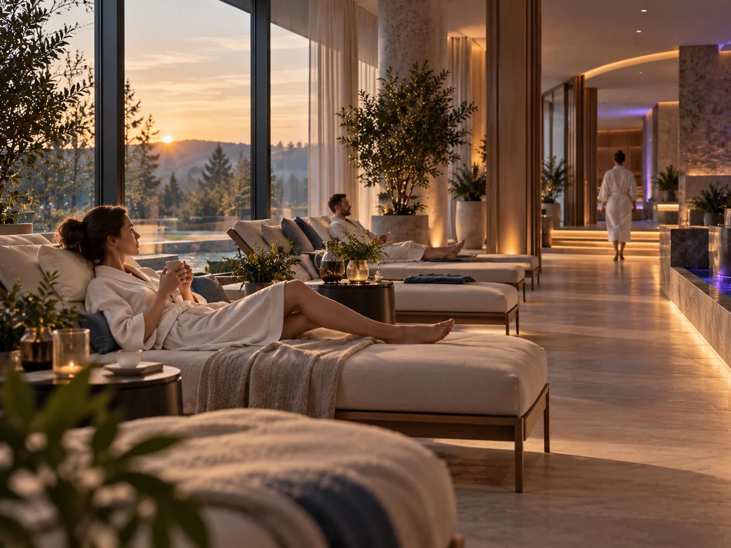 Ruhebereich eines Spa am Morgen: eine Frau auf einer Liege mit Blick durch gro&szlig;e Fenster auf die aufgehende Sonne