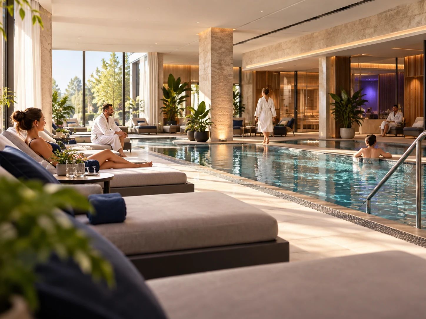 Spa-Bereich tags&uuml;ber: G&auml;ste auf Liegen und im Pool, helles Tageslicht durch gro&szlig;e Fenster