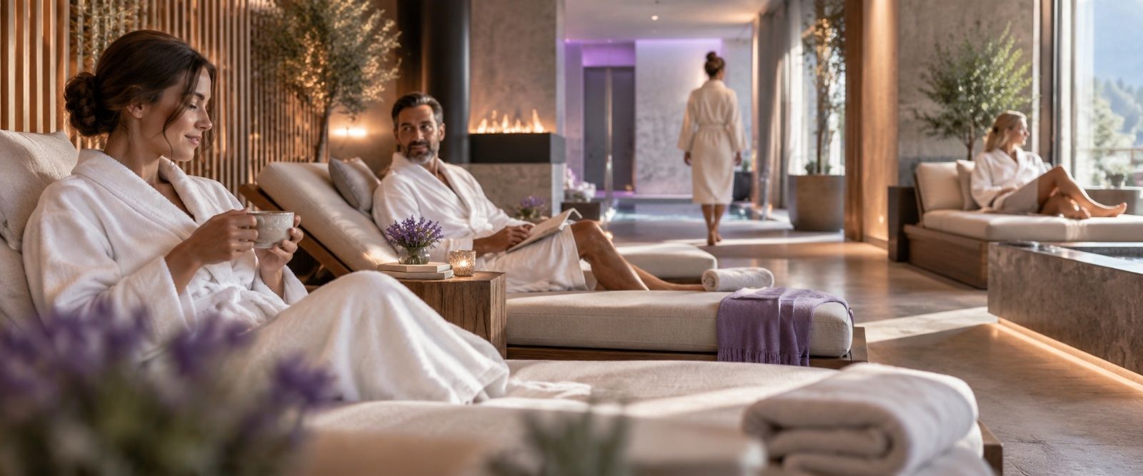 Ruhebereich eines modernen Spa: G&auml;ste auf Liegen, warmes Licht und nat&uuml;rliche Materialien